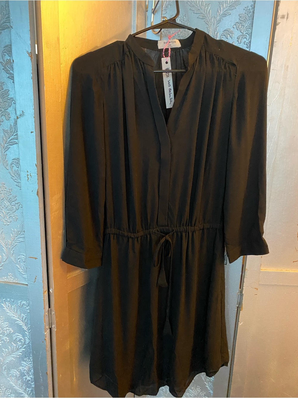Babaton Black V-Neck Shirt Dress with Drawstring Waist